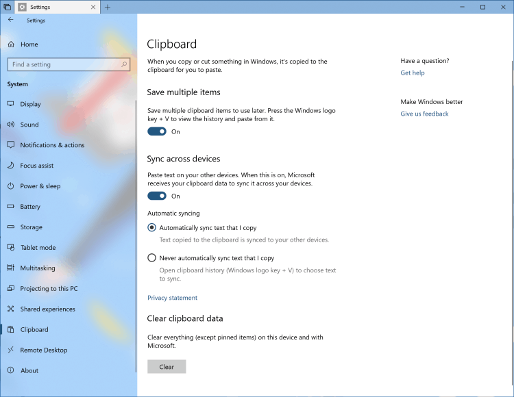 Облачен клипборд за Windows 10 RS5