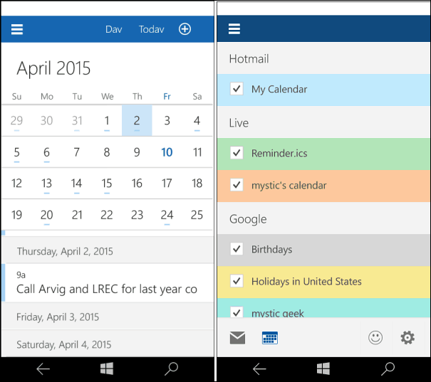 Windows 10 за телефонен календар