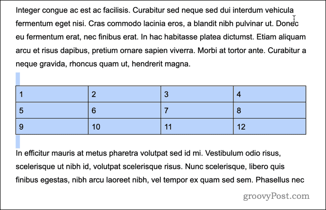 Пример за преместена таблица в Google Документи