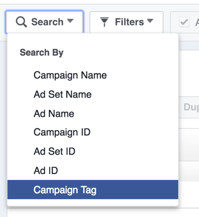 Търсете рекламни кампании във Facebook по етикет.