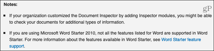 Бележки за инспектор на документи от поддръжката на Microsoft