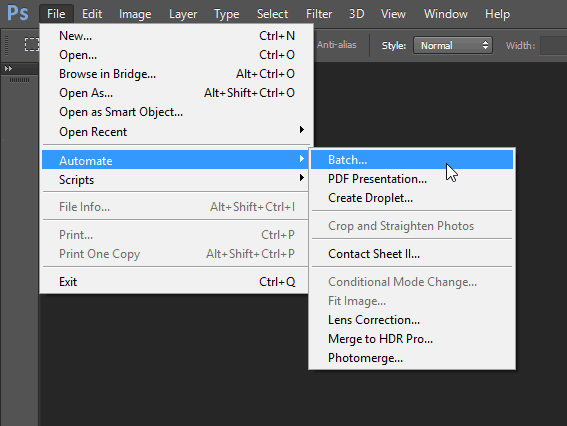 файл автоматизира партида Photoshop партида редактиране функция функция панел меню