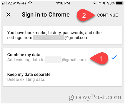 Комбинирайте данните ми в Chrome за iOS