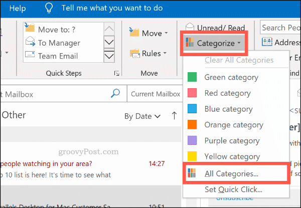 Менюто за категоризиране на цветни категории в Outlook