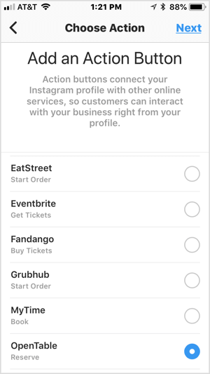 Изберете бутон за действие, за да го добавите към вашия бизнес профил в Instagram.