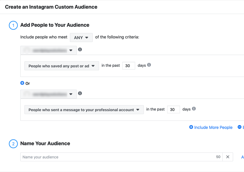 меню за създаване на потребителска аудитория в Instagram с опция за добавяне на хора към вашата аудитория, които запазили публикация или реклама през последните 30 дни или които са се ангажирали с вашия професионален акаунт в миналото 30 дни