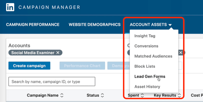 екранна снимка на Lead Gen Forms, избрана в LinkedIn Campaign Manager