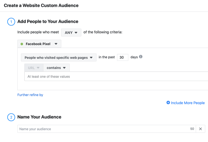 пример facebook създаване на уебсайт персонализирано меню за аудитория, включително опциите за добавяне на всички посетители конкретни уеб страници през последните 30 дни, използващи facebook пиксела, заедно с опцията за име на вашата аудитория