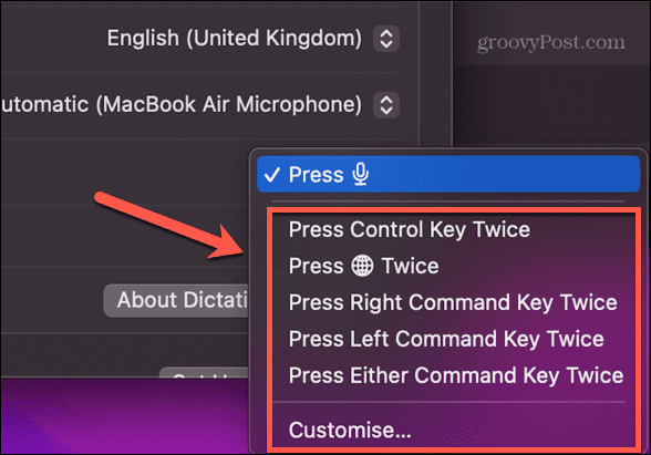 опции за пряк път за диктовка на mac
