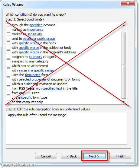 не избирайте никакви условия за изпратени имейли на Outlook 2010