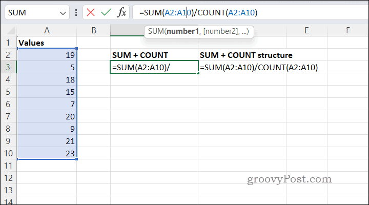 Изчисляване на средни стойности с помощта на SUMCOUNT в Excel
