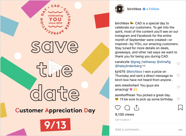 Акаунтът на Birchbox в Instagram третира последователите на сделки, подаръци и изненади, за да отбележи Деня на оценката на клиентите.