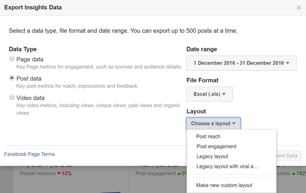 Изберете оформление, когато експортирате вашата Facebook Post Data Insights.