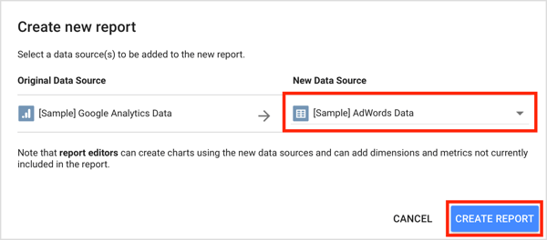 Изберете източника на данни от падащото меню и щракнете върху Създаване на отчет.