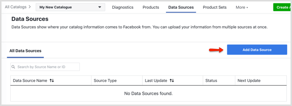 Бутон „Добавяне на източник на данни“ в раздела „Източници на данни“ в Facebook Catalog Manager