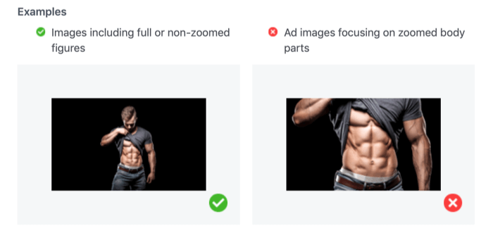 приемливи и неприемливи снимки, показващи увеличени части на тялото за реклами във Facebook
