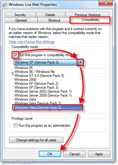 Windows Live Mail Vista Vista режим на съвместимост