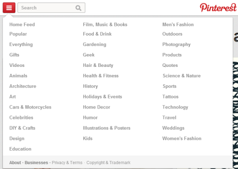 Раздел за нови категории в Pinterest
