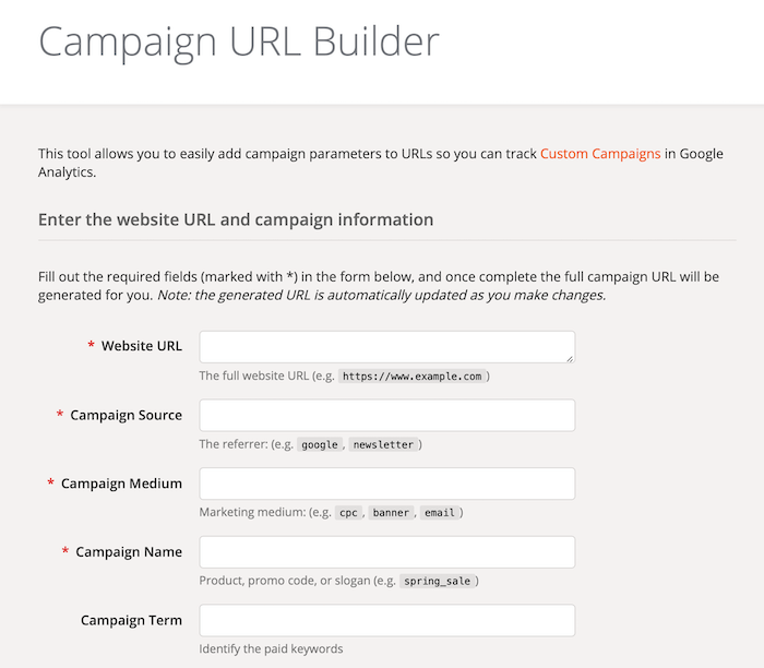 Полета на формуляра на Google Analytics Campaign URL Builder