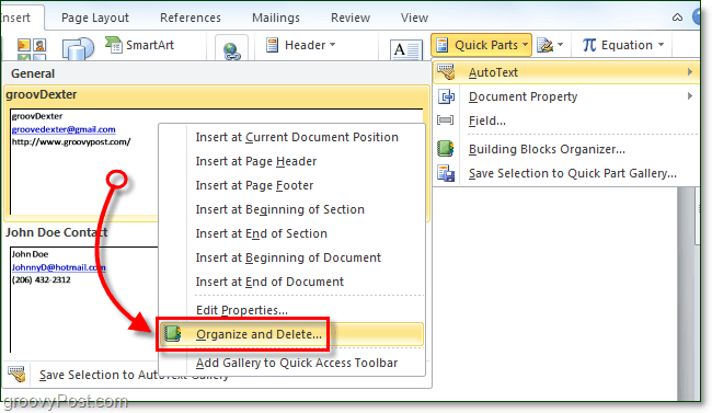 как да изтриете записи от автотекст в Office 2010