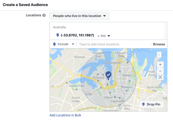 Как да популяризирате вашето събитие на живо във Facebook, стъпка 5, опция за създаване на запазена аудитория въз основа на местоположението на събитието