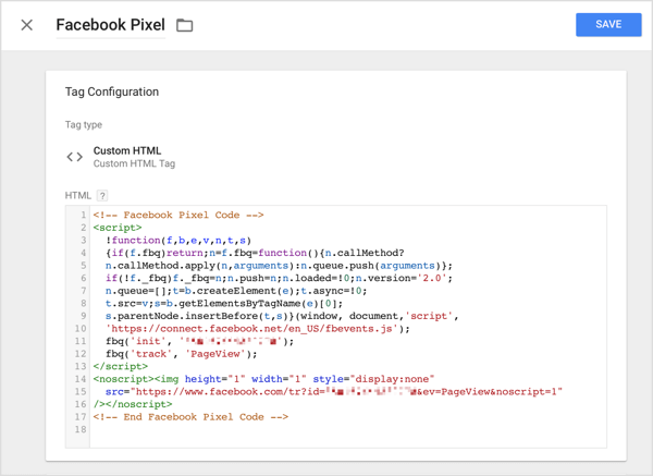 В Google Tag Manager щракнете върху опцията Custom HTML и поставете кода за проследяване, който сте копирали от Facebook, в HTML полето.