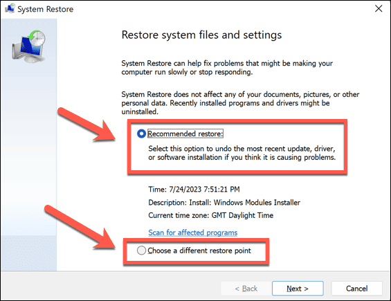 опции за възстановяване на windows 11