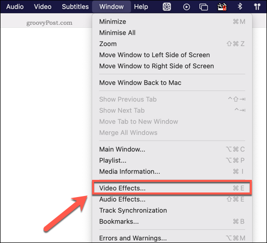 Достъп до менюто за видео ефекти VLC на Mac