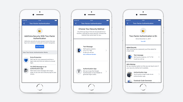 Facebook рационализира потока за настройка, който позволява на потребителите да установят двуфакторно оторизиране и премахна необходимостта да регистрират телефонен номер, за да защитят акаунт.