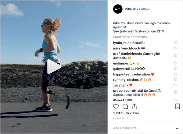 Пост на Nike Instagram, който популяризира IGTV