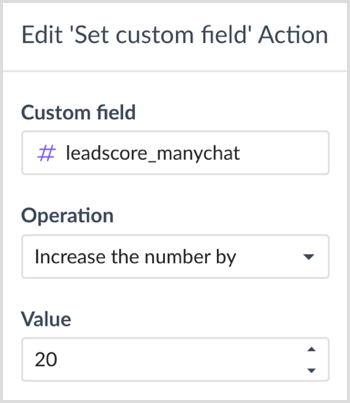 Изберете операция и стойност в диалоговия прозорец за действие „Редактиране на персонализирано поле“ в ManyChat.