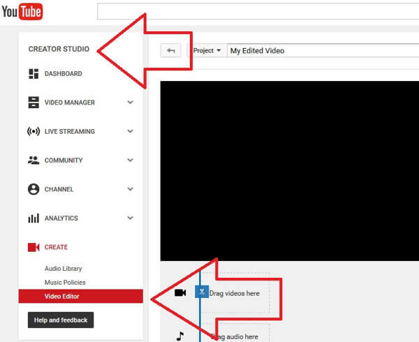 отворете инструмента за видео редактор в студио за създатели на YouTube