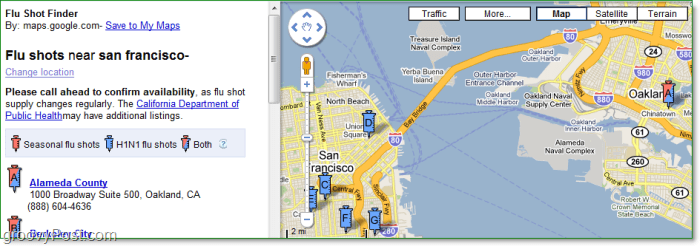 визуализация на търсещия грип в Google google, който търси клиники в Сан Франциско