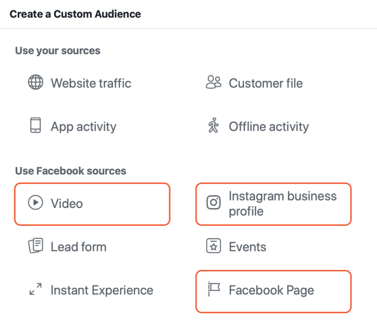Как да създадете реклами за достигане във Facebook, пример за източници за ангажиращи персонализирани аудитории за реклами