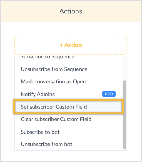 Кликнете върху бутона + Action и изберете Set Subscriber Custom Field.