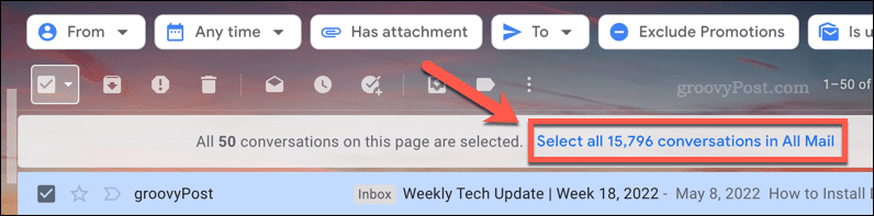 Избиране на всички имейли в папка в Gmail