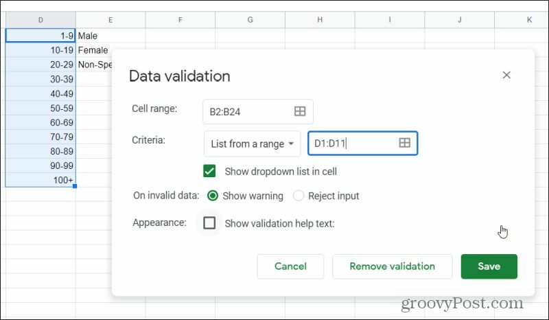 прозорец за валидиране на данни в Google Таблици