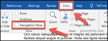 Активиране на панела за навигация в Microsoft Word