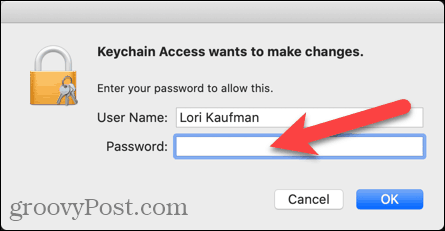 Въведете потребителско име и парола за Keychain Access