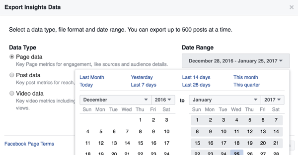 Можете да промените периода от време за данните от Facebook Insights, които изтегляте.