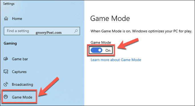 Настройки на Windows Меню за режим на игра