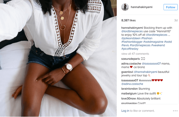 Моделът Хана Акиниеми разполага с часовник от Lord Timepieces заедно с код за отстъпка в Instagram.