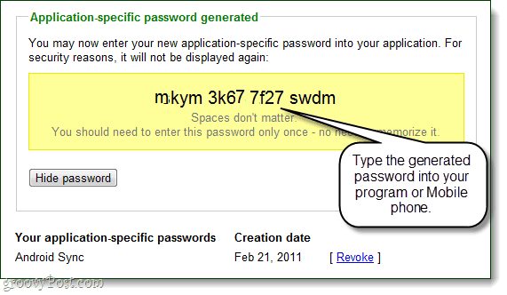 парола, специфична за приложение, генерирана от Google за вашия акаунт