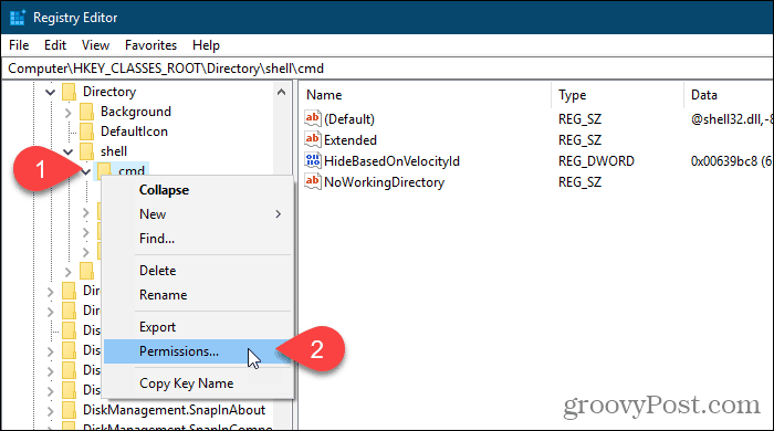 Щракнете с десния бутон върху регистърния ключ и изберете Разрешения в редактора на системния регистър на Windows