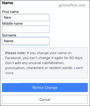 Редактиране на име в мобилното приложение на Facebook