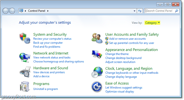 Windows 7 контролен панел в изглед на категория