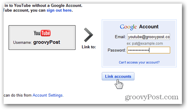 Свържете акаунт в YouTube с нов акаунт в Google - въведете акаунт и парола