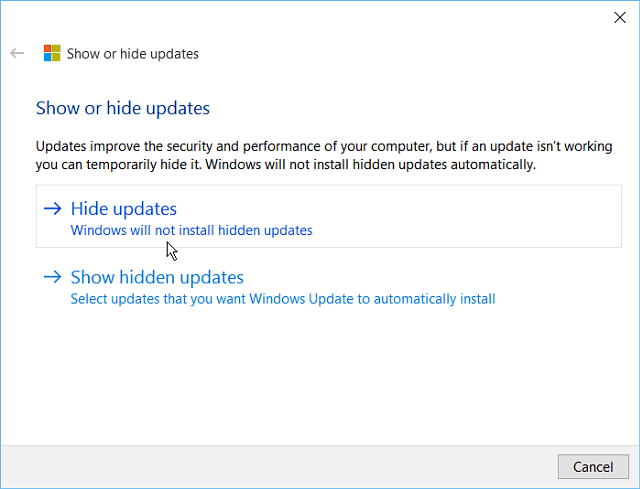 Скриване на инструмента за актуализиране на Windows 10