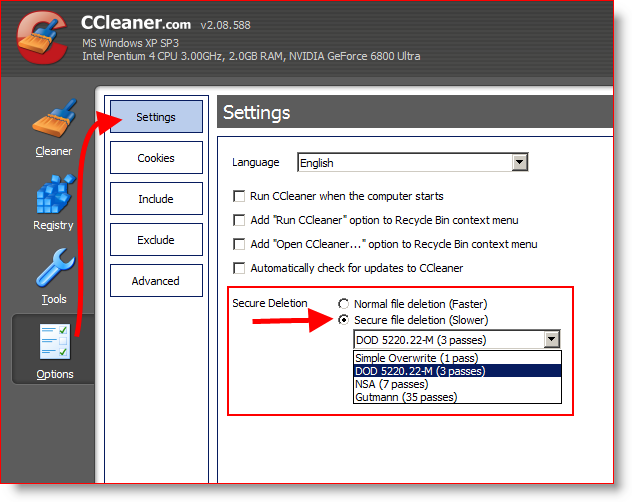 Конфигурирайте CCleaner за безопасно изтриване и изтриване на файлове 3 пъти или DOD 5220.22-M