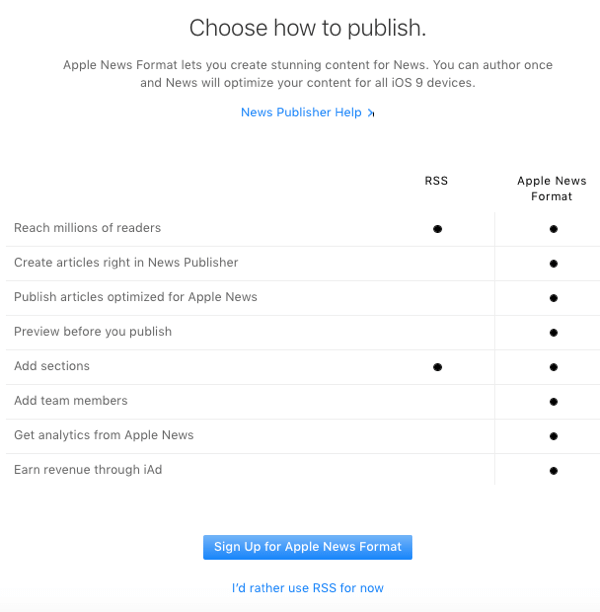 опции за публикуване на новини за Apple